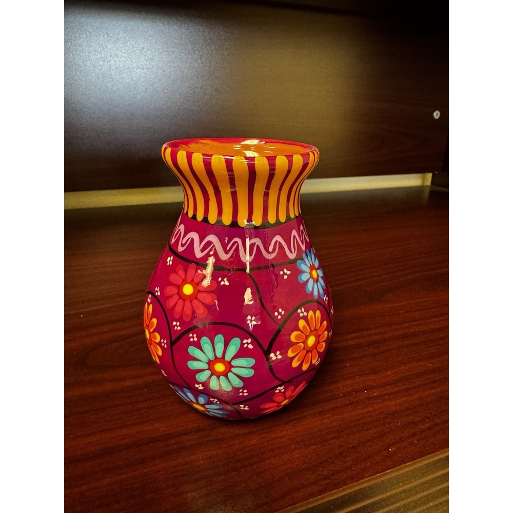 Mexican Folk Art Hand Painted Bright Floral Patterned Clay 5" Vase Terracotta